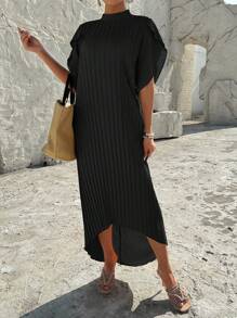 SHEIN LUNE 純色短袖百褶裙 - 黑色 - 查看 3