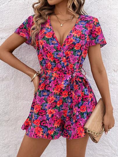 SHEIN Clasi Combi-short À Volants Et Imprimé Floral Pour Femme Avec Manches Courtes Pour Les Vacances D'été