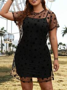 SHEIN EZwear Plus Size Star Print Mesh Dress And Solid Color Bodycon Slip Dress - Black - View 4