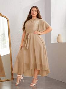 SHEIN Clasi Vestido De Talle Alto, Cuello Con Agujero Cerrado, Tallas Grandes Y Flujo Suelto. - Camel - Ver 4
