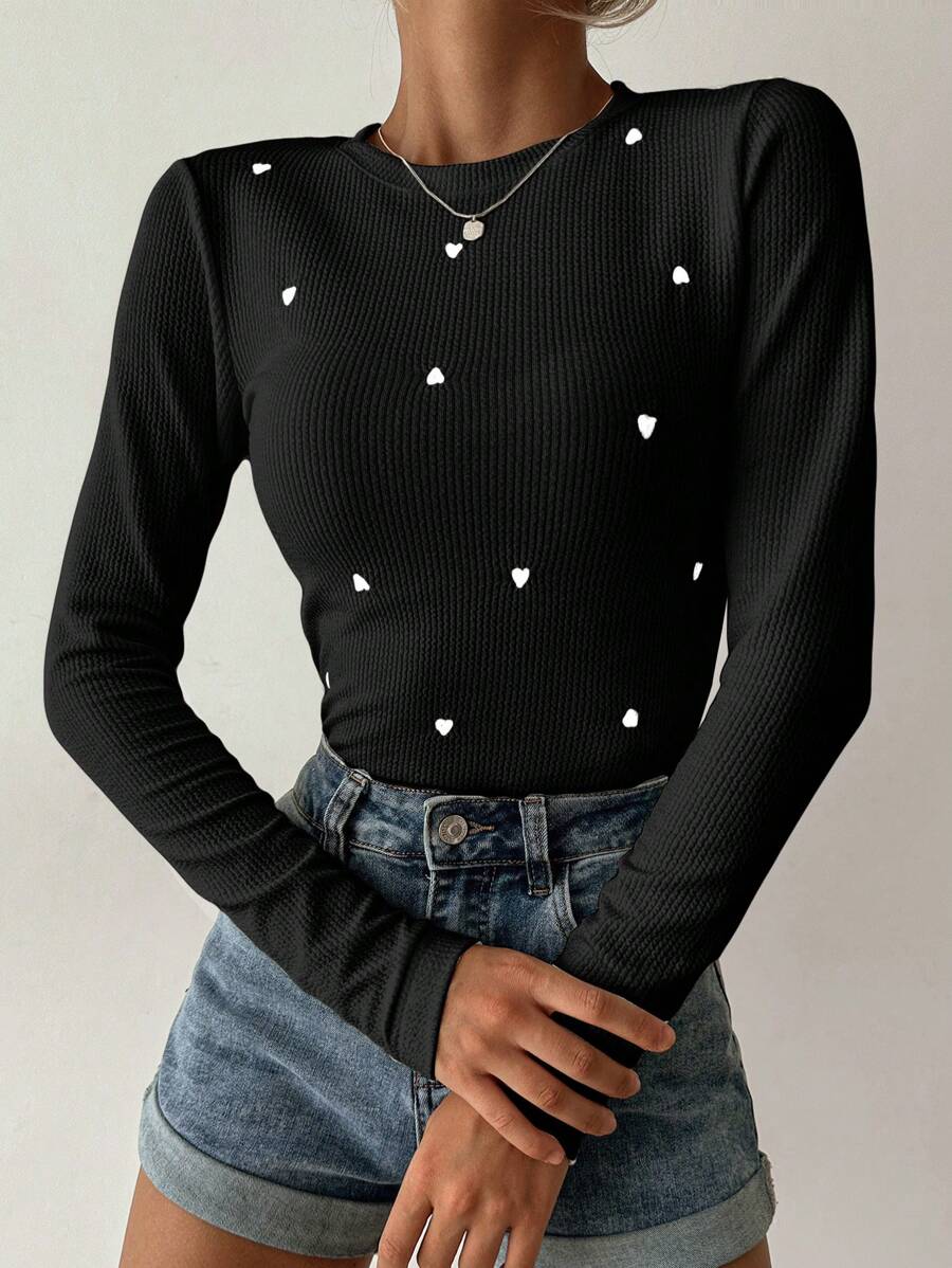EURMUSE Women's Love Heart Embroidered Ribbed Long Sleeve Tee - Black - View 1