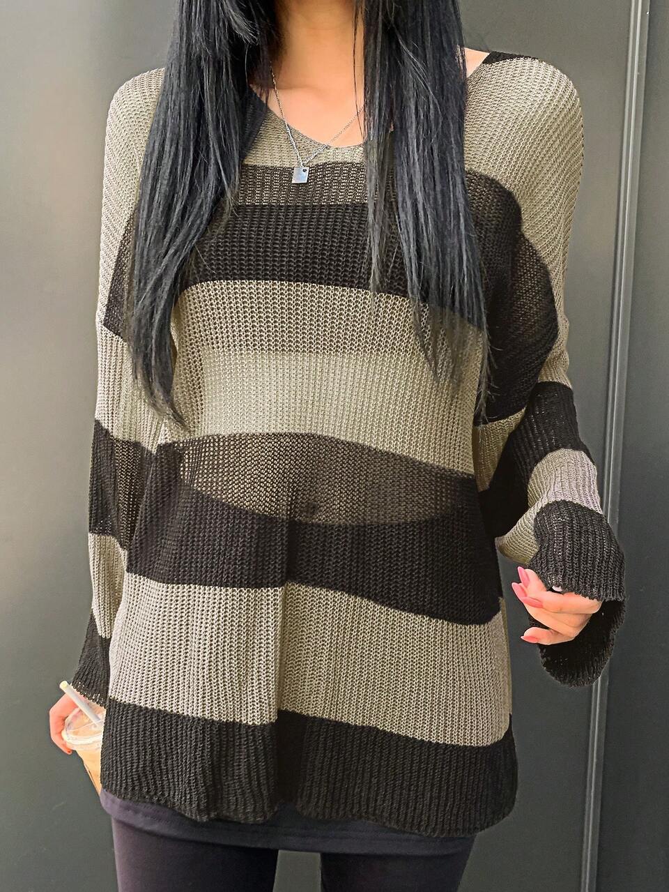 Women's Stylish Loose Fit Sheer Striped Sweater With Round Neckline