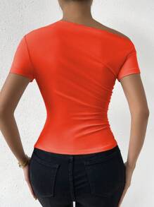 Calvaya Solid Color Asymmetrical Neckline Fold Detail Slim Fit T-Shirt