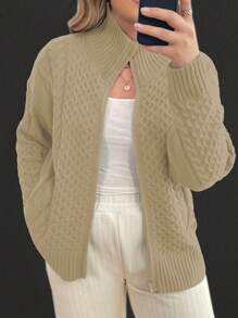 SHEIN Unity Cárdigan de punto de cable de talla grande con cierre frontal de cremallera - Caqui - Ver 1