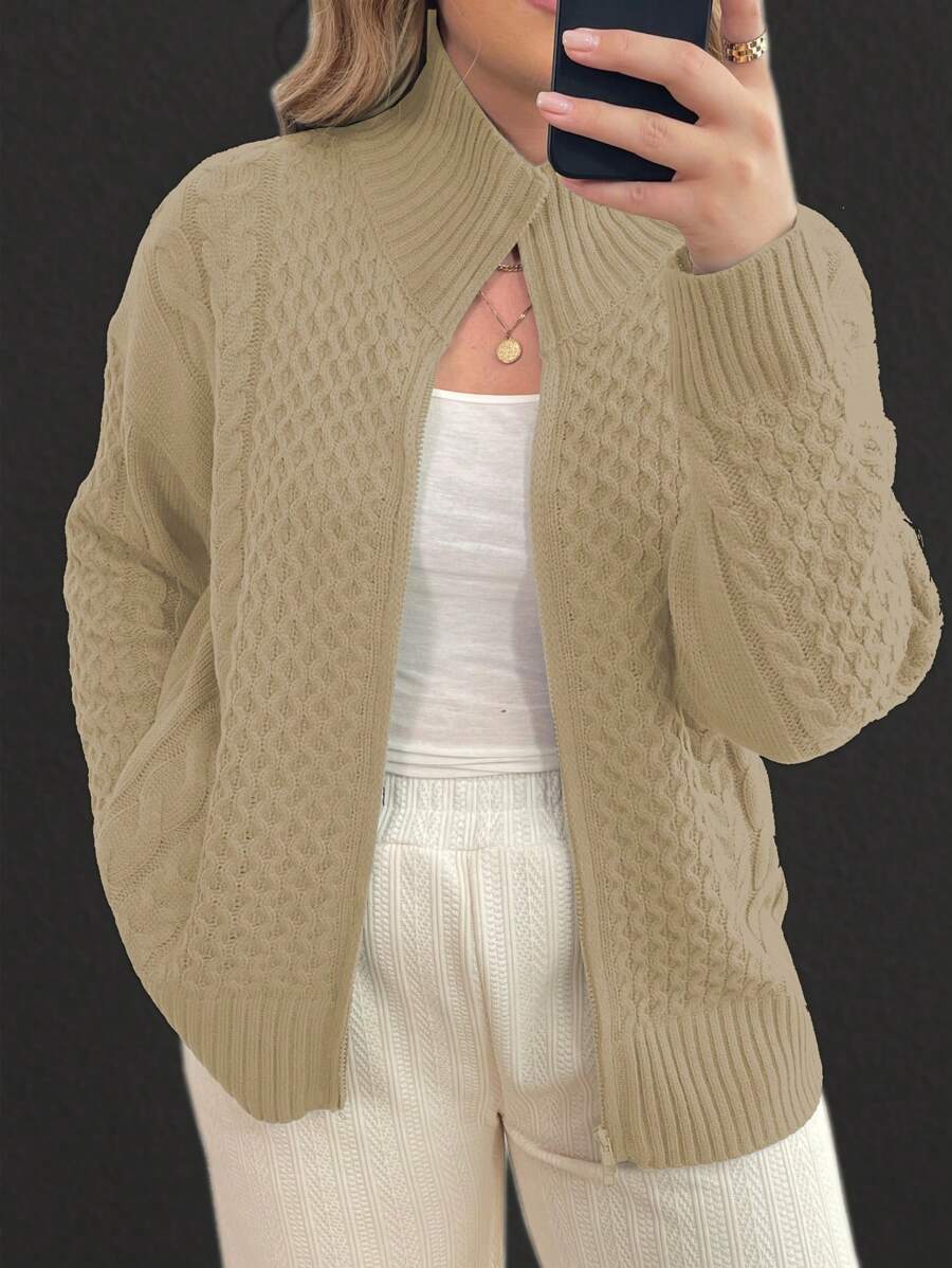 SHEIN Unity Cárdigan de punto de cable de talla grande con cierre frontal de cremallera - Caqui - Ver 1