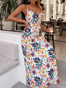 RueChic Women's Summer Floral Printed Halter Neckline Dress With Fish Tail Hem