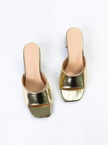 Wide Fit Women's New Summer Simple Metallic Texture Style Chunky Heel Mules With Slip-On Buckle Design - Gold - View 6
