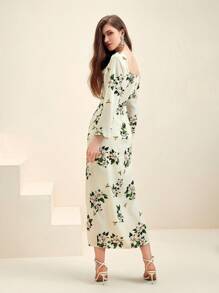 Anewsta Women's Floral Print Sweetheart Neck Wrap Front Split Dress - White - View 2