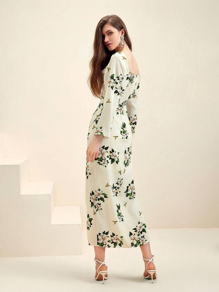 Women's Floral Print Sweetheart Neck Wrap Front Split Dress