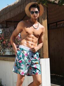 Manfinity 1pc Men's Tropical Printed Beach Shorts Couples Matching Swimwear Vacation,Hawaiian - Multicolor - View 3