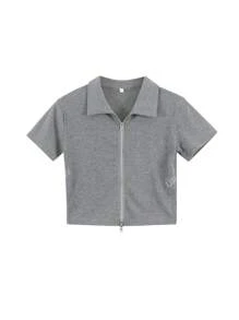 Women's Slim Fit Polo Collar Plain Color Short Sleeve Casual T-Shirt With Front Zipper, Versatile And Cropped, Summer