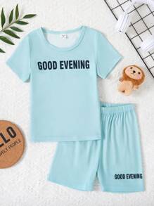Young Boy Casual 2pcs/Set Alphabet Printed Short Sleeve T-Shirt And Shorts Homewear - Green - View 1