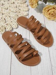 Women's Flat Slip-On Slides, Toe-Ring Woven Strap Sandals, Casual Beach Sandals