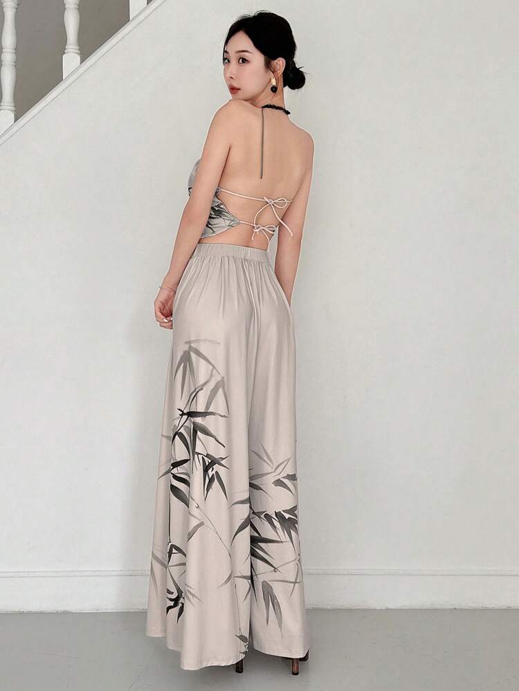 Chinese Watercolor Bamboo Print Pleated Front Bead Chain Halter Neck Camisole Top, Suitable For Music Festival, Party, Valentine's Day, Date Night