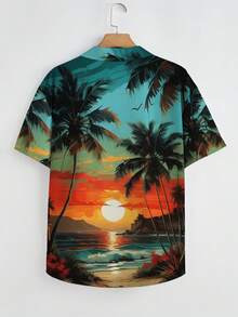 Manfinity RSRT Men's Plus Size Coconut Tree & Sun Printed Short Sleeve Casual Hawaiian Shirt For Vacation - Multicolor - View 2