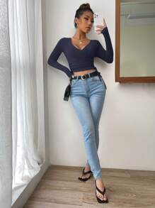 EURMUSE Solid Wrap Tie Side Crop Tee - Navy Blue - View 5