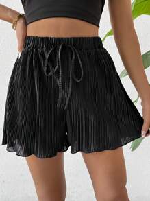Firerie Short de verano negro, elegante y versátil para mujer, con pliegues lisos, cintura elástica de pierna ancha, ideal para salidas casuales y vacaciones - Negro - Ver 3