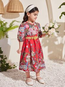 SHEIN Young Girl Printed V-Neck 3/4 Sleeve Dress With Floral Design - Red - View 4