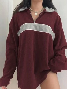 INAWLY Women's Loose Drop Shoulder Sweatshirt With Color Block Detailing,Ladies Spring/Fall Casual Zipper Long Sleeve Hooded Regular Fit Regular Burgundy Drop Shoulder Half Placket Women Hoodies,Long Sleeve Tops Graduation,Back To School Outfits,Graduation,Teacher Outfits For Women,Back To School Pullover - Burgundy - View 4