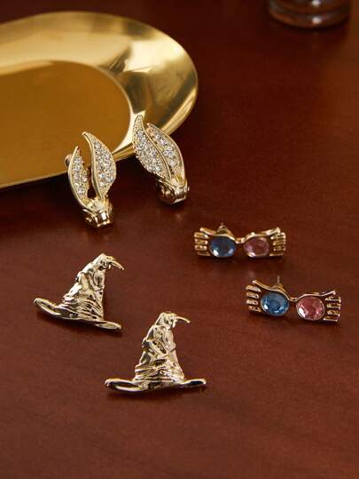 HARRY POTTER X SHEIN 3对/套闪亮水钻合金耳钉，分院帽和金色飞贼图案，礼物，时尚首饰，情人节，返校季