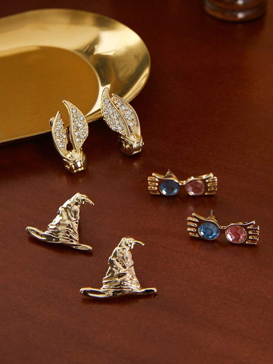 HARRY POTTER X SHEIN 3 Pairs/Set Sparkling Rhinestone Embellished Alloy Stud Earrings, The Sorting Hat & Golden Snitch, Gifts,Fashionable Jewelry,Valentine's Day, Back To School - Multicolor - View 1