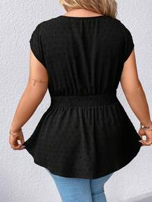 SHEIN Clasi Blusa Negra De Talla Grande Con Cuello En V Y Manga Corta A La Moda Para Mujeres - Negro - Ver 2