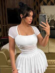 SHEIN SXY Áo thun trắng tay ngắn mùa hè có đệm, cổ vuông và lưới màu tương phản - trắng - Xem 1
