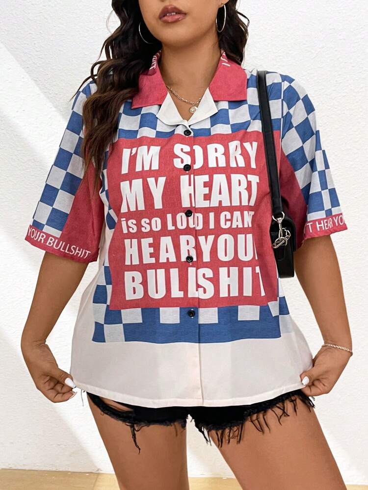 Plus Size Women's Checkerboard Print Short Sleeve Shirt For Summer