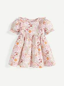 Conjunto de 2 piezas para bebé niña: vestido de cuello redondo con estampado de dibujos animados de plantas, con volantes y mangas abullonadas