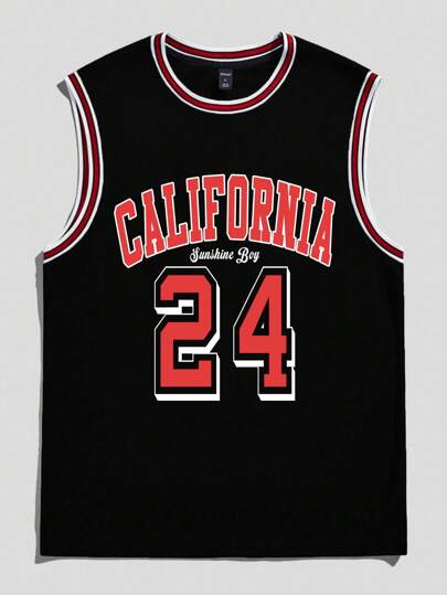 Prep Men's Printed Casual Sports Jersey Tank Top, Basketball Jersey For Spring And Summer, 2000s Style