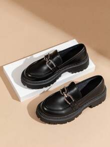 Women's Black Minimalist Style Thick-Sole Loafers With Rhinestone Decor, Mary Janes And Casual Fashion Flats For Spring/Autumn Valentines