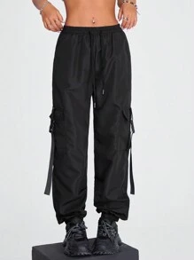 Coolane 黑色翻盖口袋扣工装裤