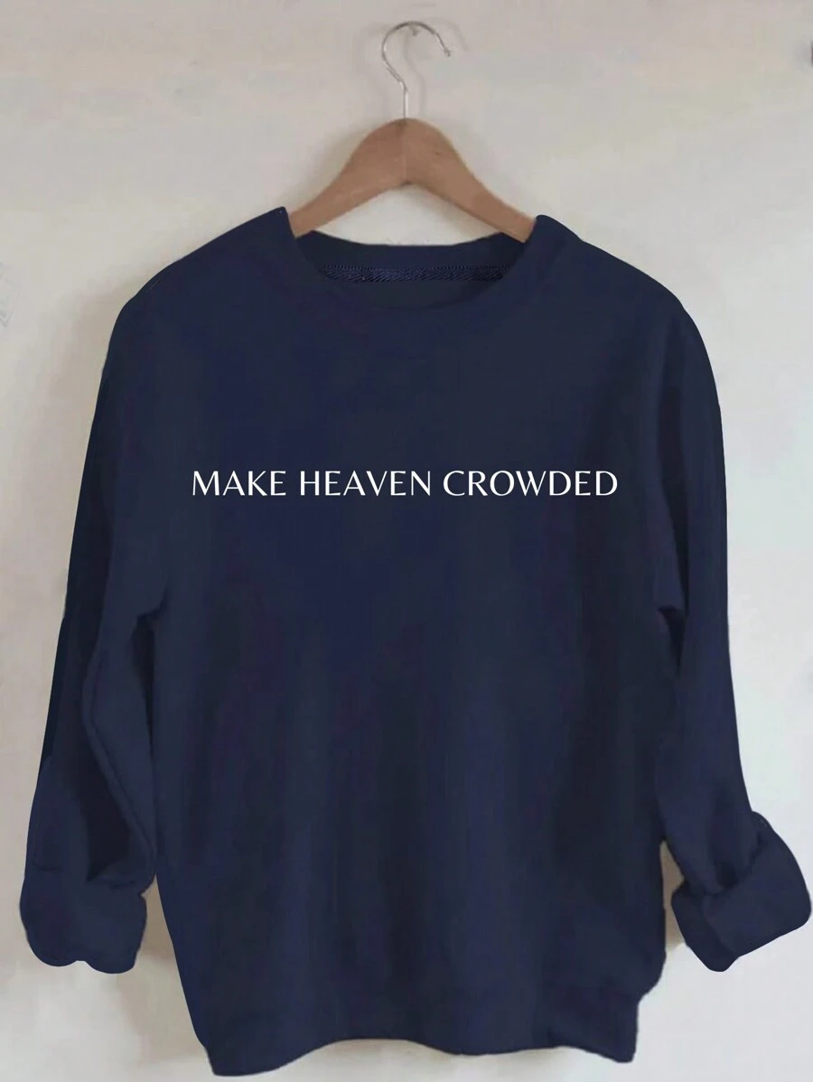 INAWLY 女士口号印花圆领落肩运动衫 MAKE HEAVEN CROWDED，长袖上衣 - 藏蓝色 - 查看 1