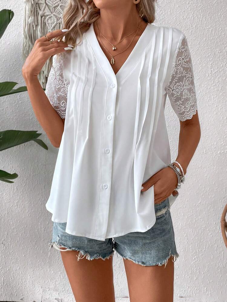 Women's Fashionable Summer Lace Splice V-Neck Blouse
