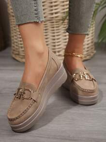 秋冬女士休闲运动鞋，舒适软底，金属链条装饰，乐福鞋，女式运动鞋 - 卡其色 - 查看 7