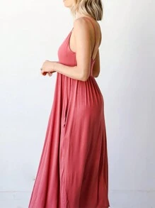 SHEIN LUNE Women's Solid Color Long Flared Spaghetti Strap Dress - Pink - View 3