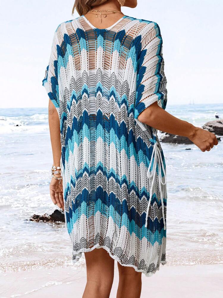 Women's Zigzag Pattern Front Tie Knit Sweater Dress