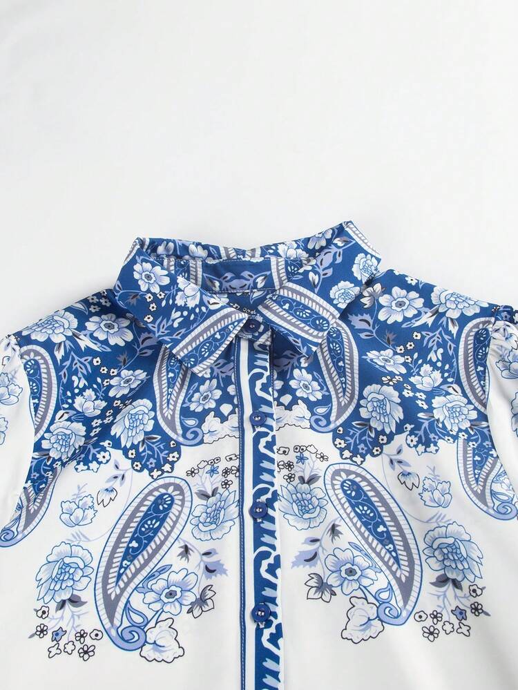 Women Long Sleeve Collared Lantern Sleeves Printed Blouse - Blue - View 7