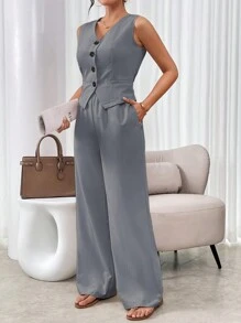 SHEIN ChicEase Conjunto de 2 piezas para mujer con chaleco y pantalón largo - Gris - Ver 5