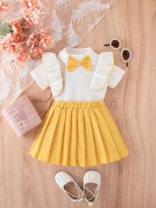 嬰兒女孩彩色區塊扣環短袖上衣，飾有荷葉邊和裙子 - 黃色 - 查看 1