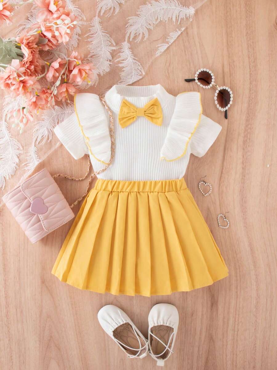 嬰兒女孩彩色區塊扣環短袖上衣，飾有荷葉邊和裙子 - 黃色 - 查看 1