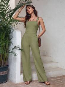 SHEIN LUNE Overoles lisos de mujer decorados con botones - Verde militar - Ver 5