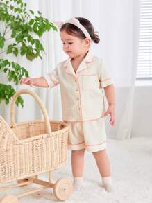 SHEIN 4pcs/Set Baby Girl's Casual Color Block Short Sleeve Cardigan And Elastic Waist Shorts Homewear - Multicolor - View 4