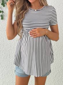 SHEIN Camiseta De Maternidad Cómoda A Rayas De Cintura Alta Para Uso Diario En Verano