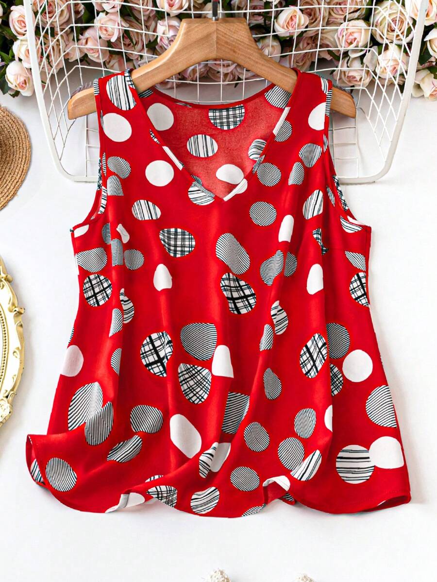 SHEIN LUNE Áo sơ mi không tay chấm bi đỏ đi nghỉ mát thông thường (cỡ lớn) - Đỏ - Xem 1
