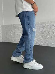 Men Ripped Straight Leg Jeans - Medium Wash - View 4