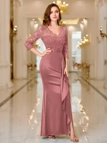 MIUSOL V-Neck Contrast Color Lace Ruffle Satin Evening Gown, Elegant For Formal Occasions Like Weddings, Galas, Graduations - Dusty Pink - View 5