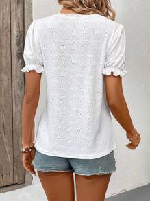 SHEIN LUNE Women's Lace Splice Short Puff Sleeve T-Shirt