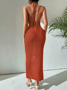 Breezaya Women's Summer Holiday Style Hollow Out Long Halter Neck Dress - Red - View 2