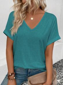 SHEIN LUNE Solid Color V-Neck Short Sleeve Summer Casual T-Shirt